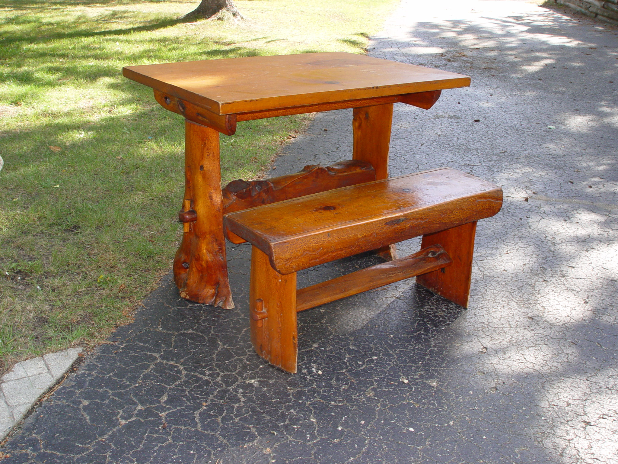 Adirondack styled breakfast
                                        table & bench, 1938 Signed
                                        by Maker