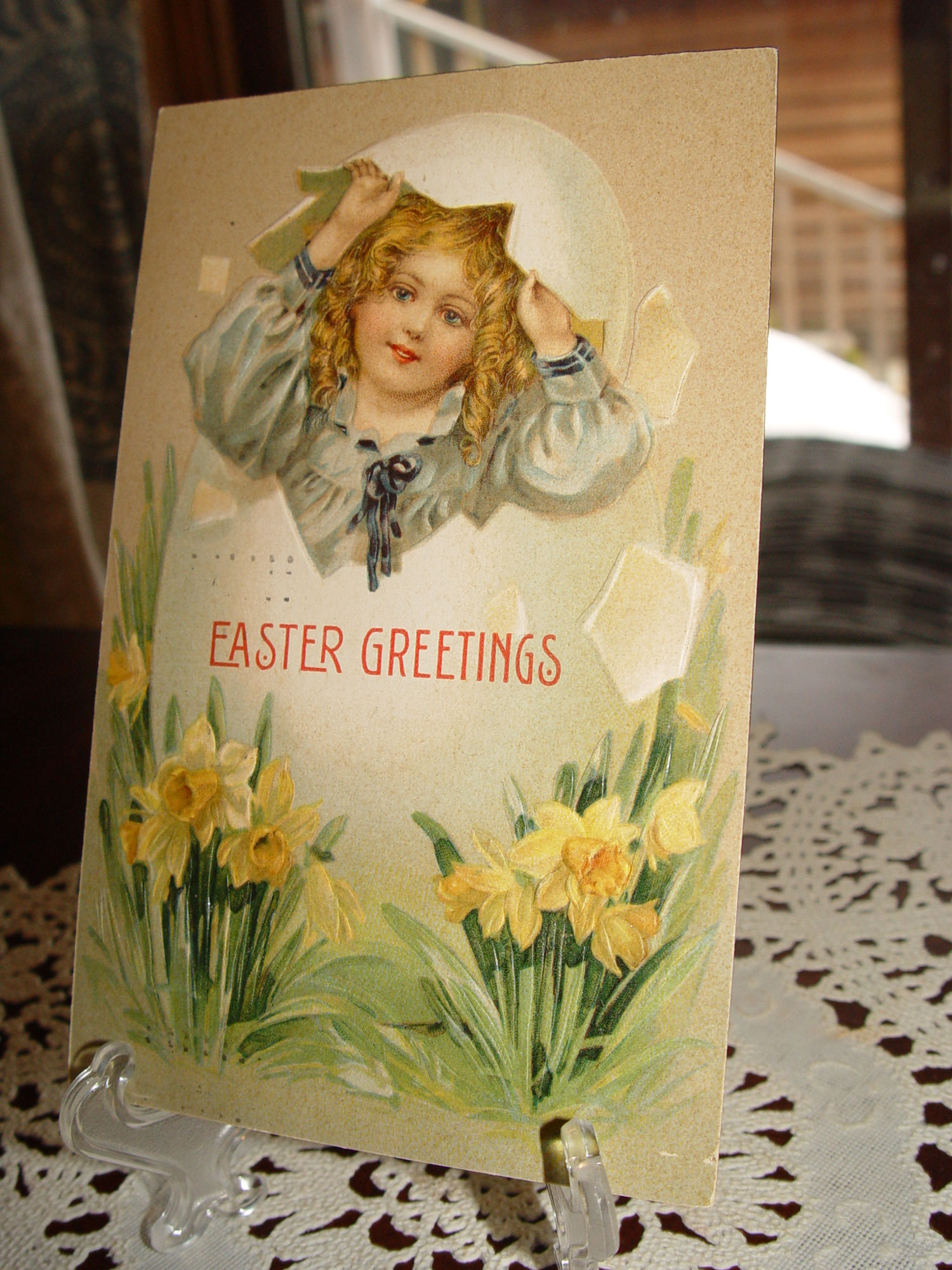 Easter
                                                Greetings 1910 Postcard,
                                                Victorian Girl,
                                                Daffodils and Egg