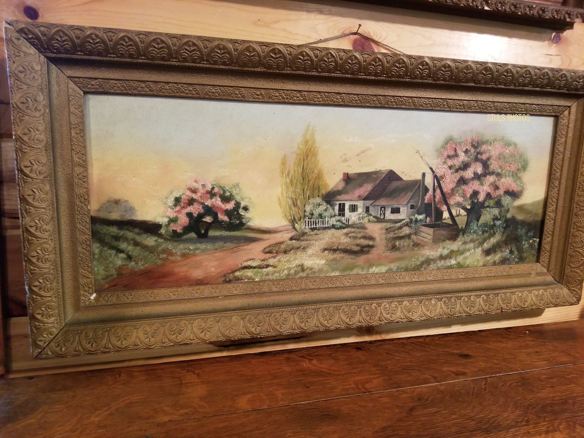 Oil on canvas, Old cottage
                                        scene Quaker significance