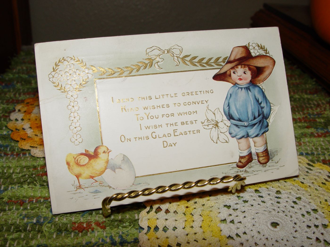 1900's Easter
                                                Signed Postcard, Floppy
                                                Hatted child watching
                                                Chick Newly Born