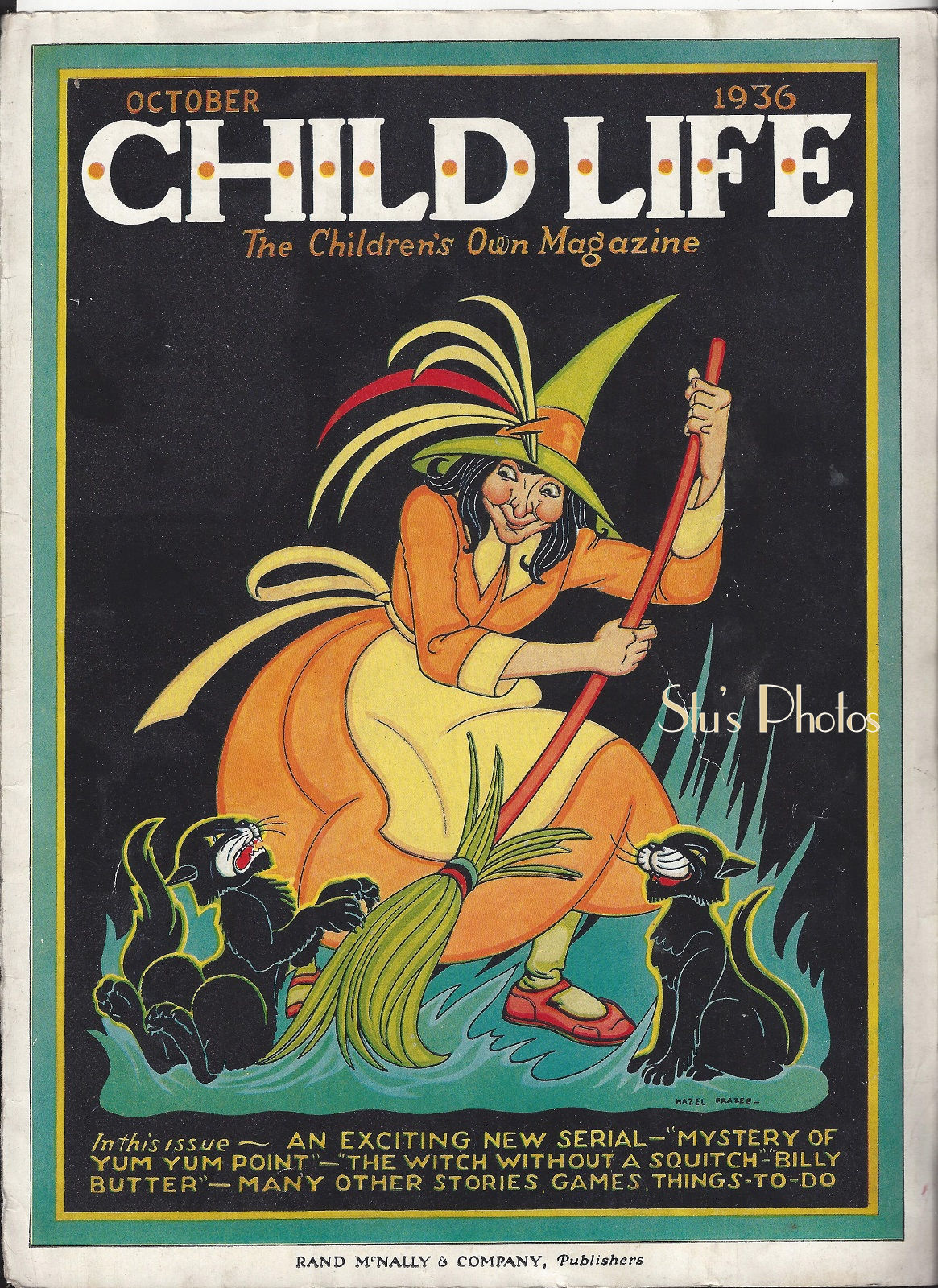 Child Life Magazine,
                                        October Halloween 1936 Cover -
                                        Witch & Black Cats; Hazel
                                        Frazee