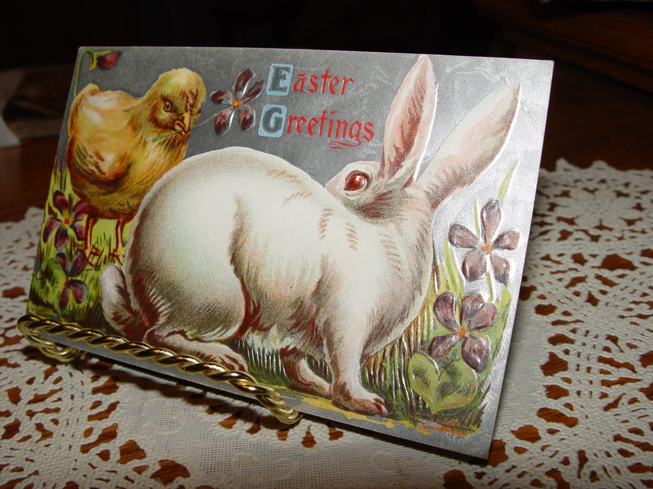 1910 EASTER
                                                Postcard White Rabbit,
                                                Chick Greetings
                                                Embossed