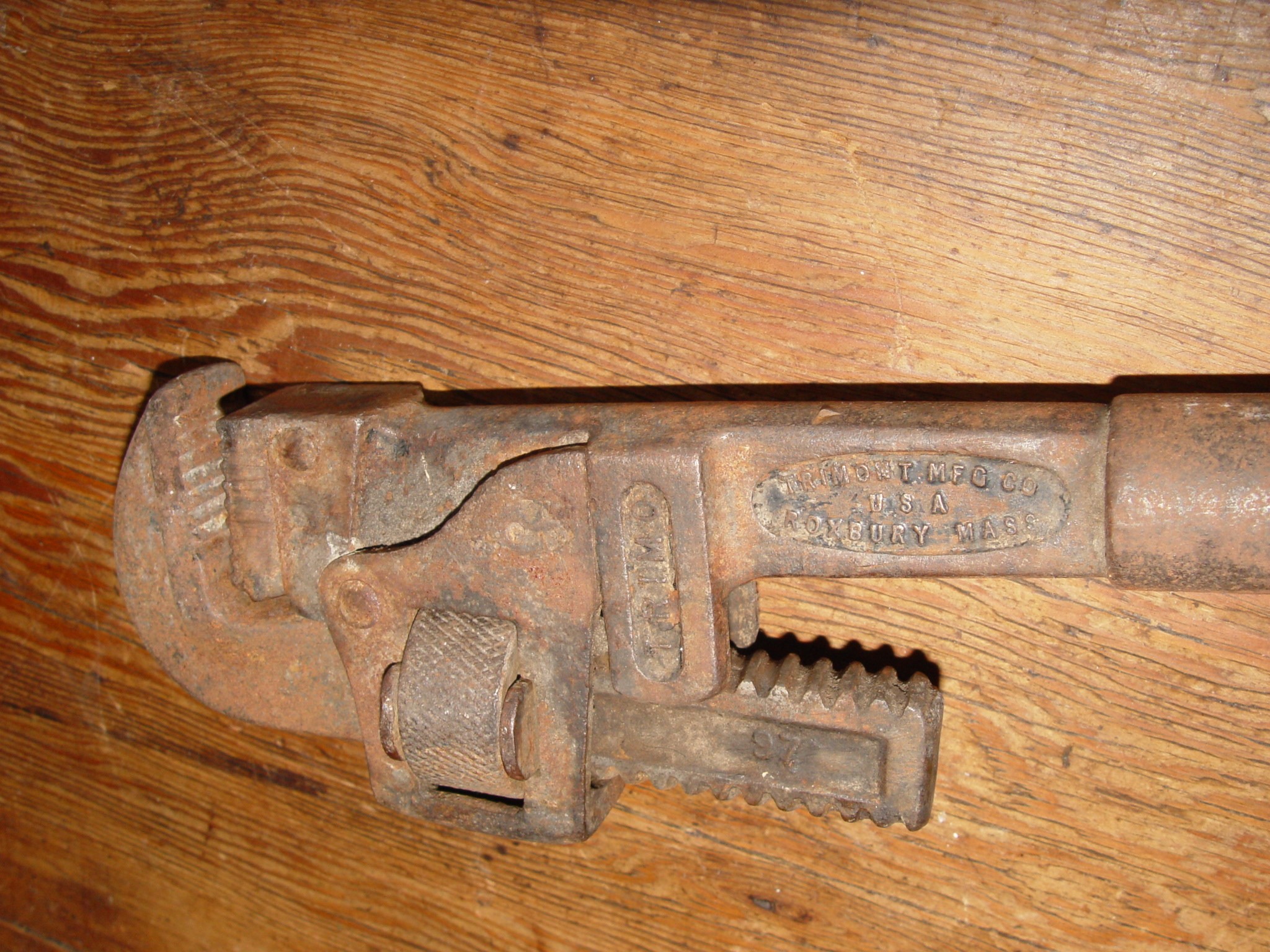 19th c. Forged 12" Monkey Pipe Wrench Trimont
                Mark 14 Roxbury