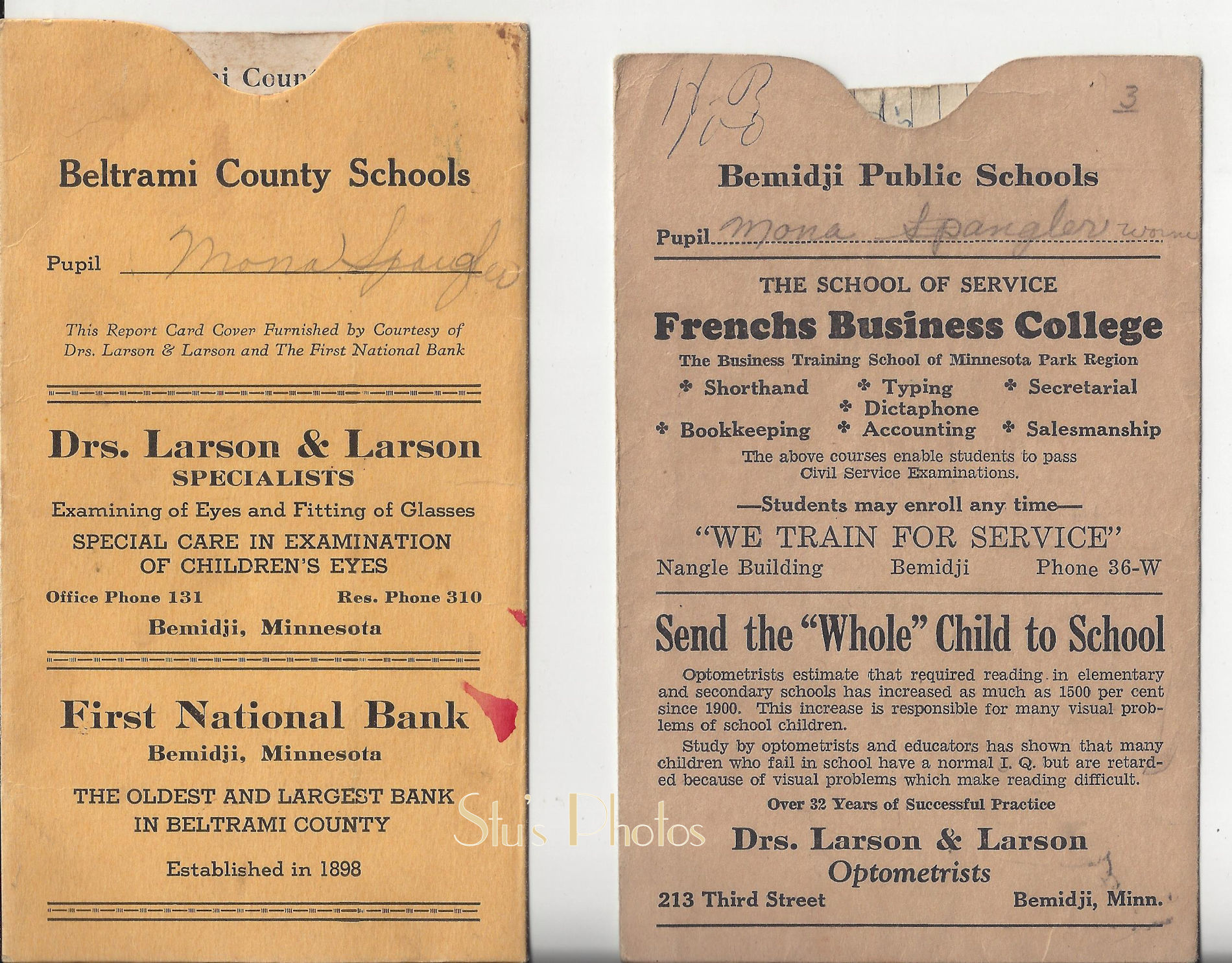 Bemidji Minnesota - Spangler Elementary Report
                Cards 1930s / 1940's