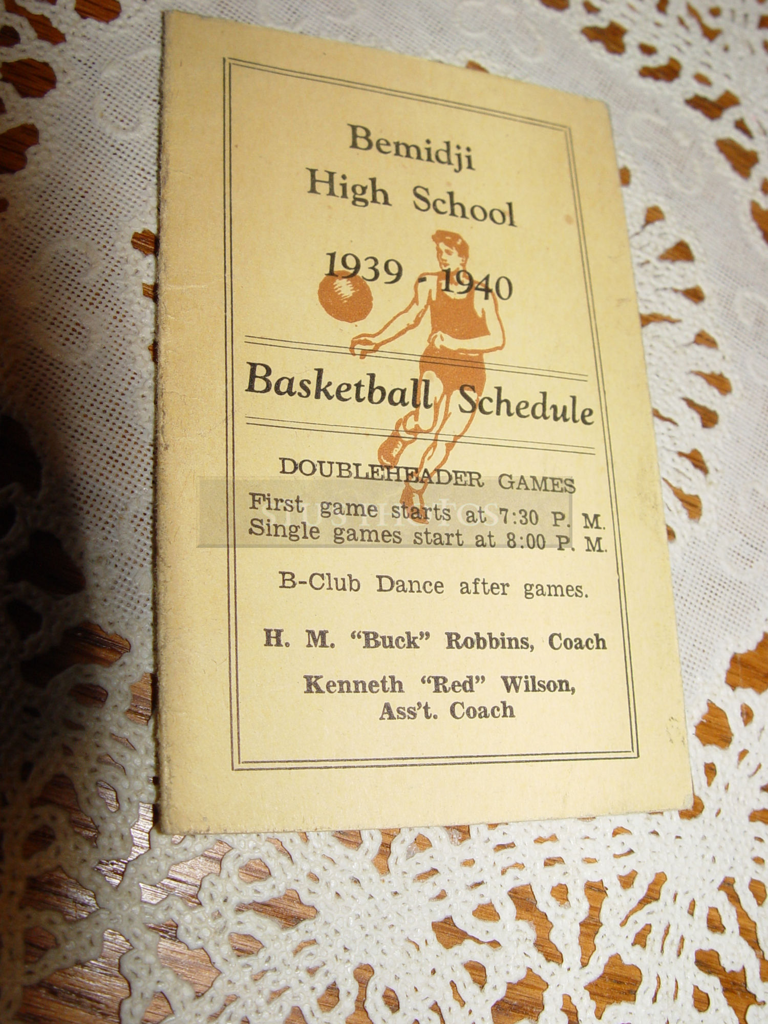1929 - 1940 Bemidji High School Basketball
                        Schedule; Buck Robbins, Red Wilson