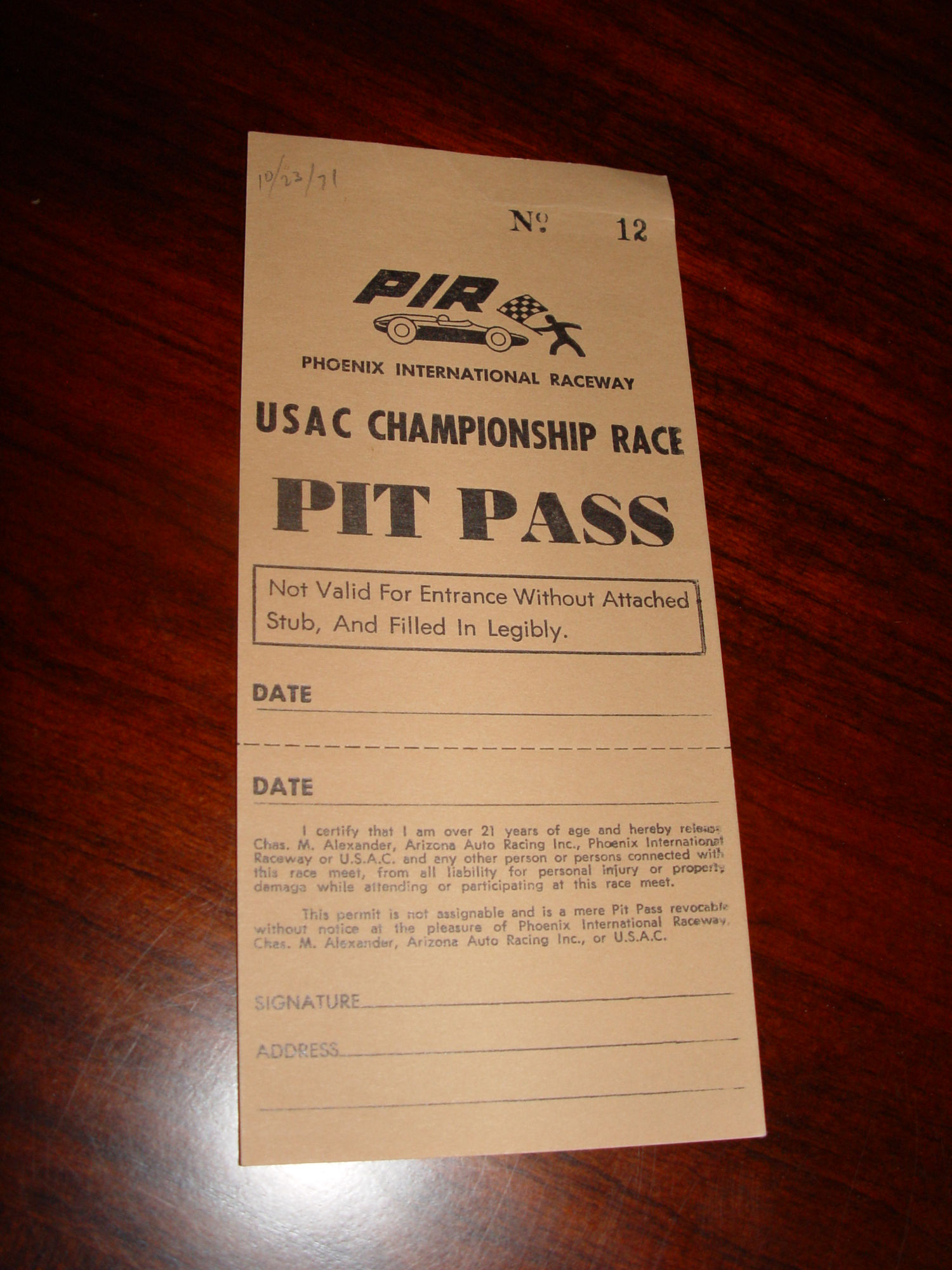 1971 USAC Championship Race Pit Pass Phoenix
                International Raceway