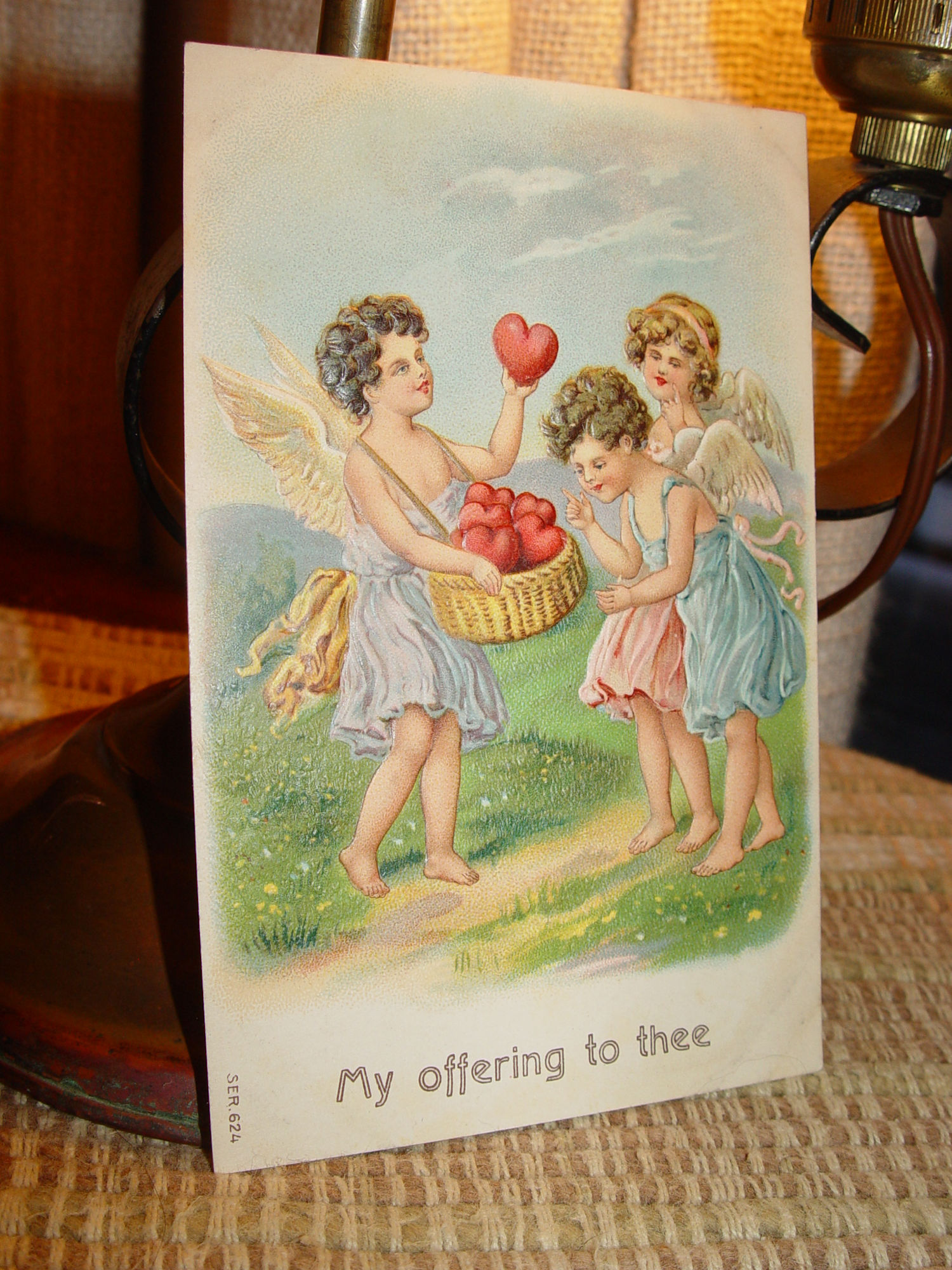 Antique
                                                Valentine Postcard 'My
                                                Offering to Thee' Basket
                                                of Hearts