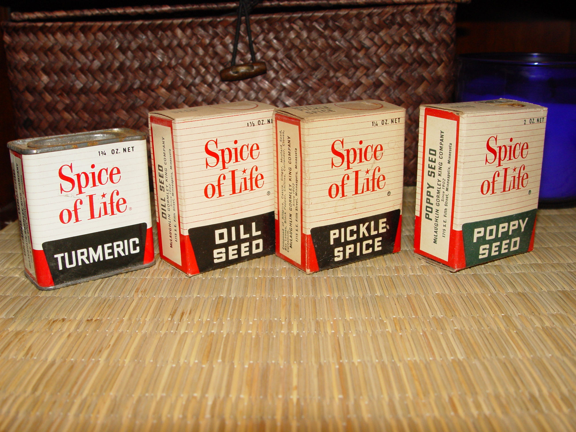 Four Vintage
                        McLaughlin Gormley King Co. 'Spice of Life'
                        Seasoning Spice Boxes
