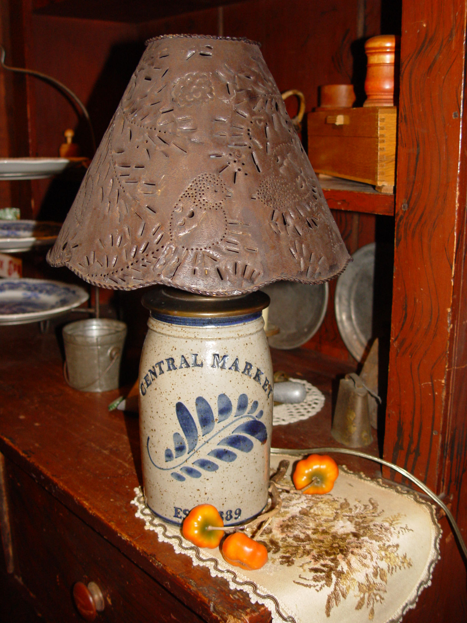 Central Market
                                                        PA, Salt Glazed
                                                        Stoneware Table
                                                        Lamp w/ Punched
                                                        Tin Shade