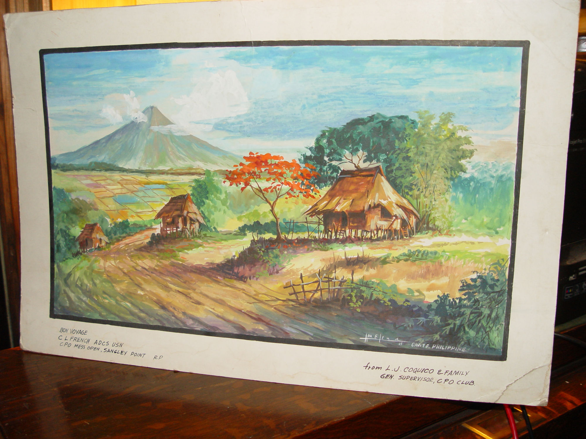 1964 Cavite Philippine
                                        watercolor painting, hut farm
                                        landscape Vietnam War