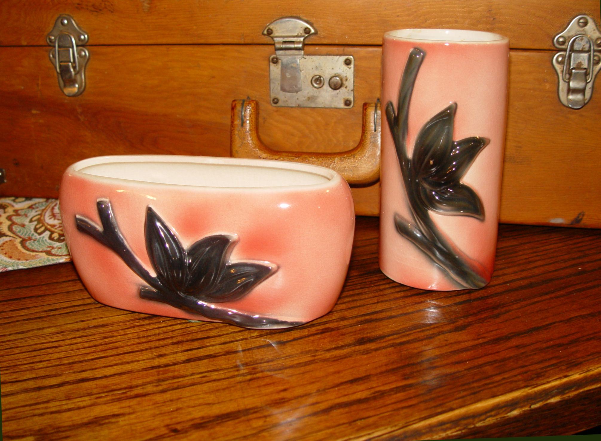 Mid-Century Royal Copley
                                        Vase and Planter Set - Pink with
                                        black leaves