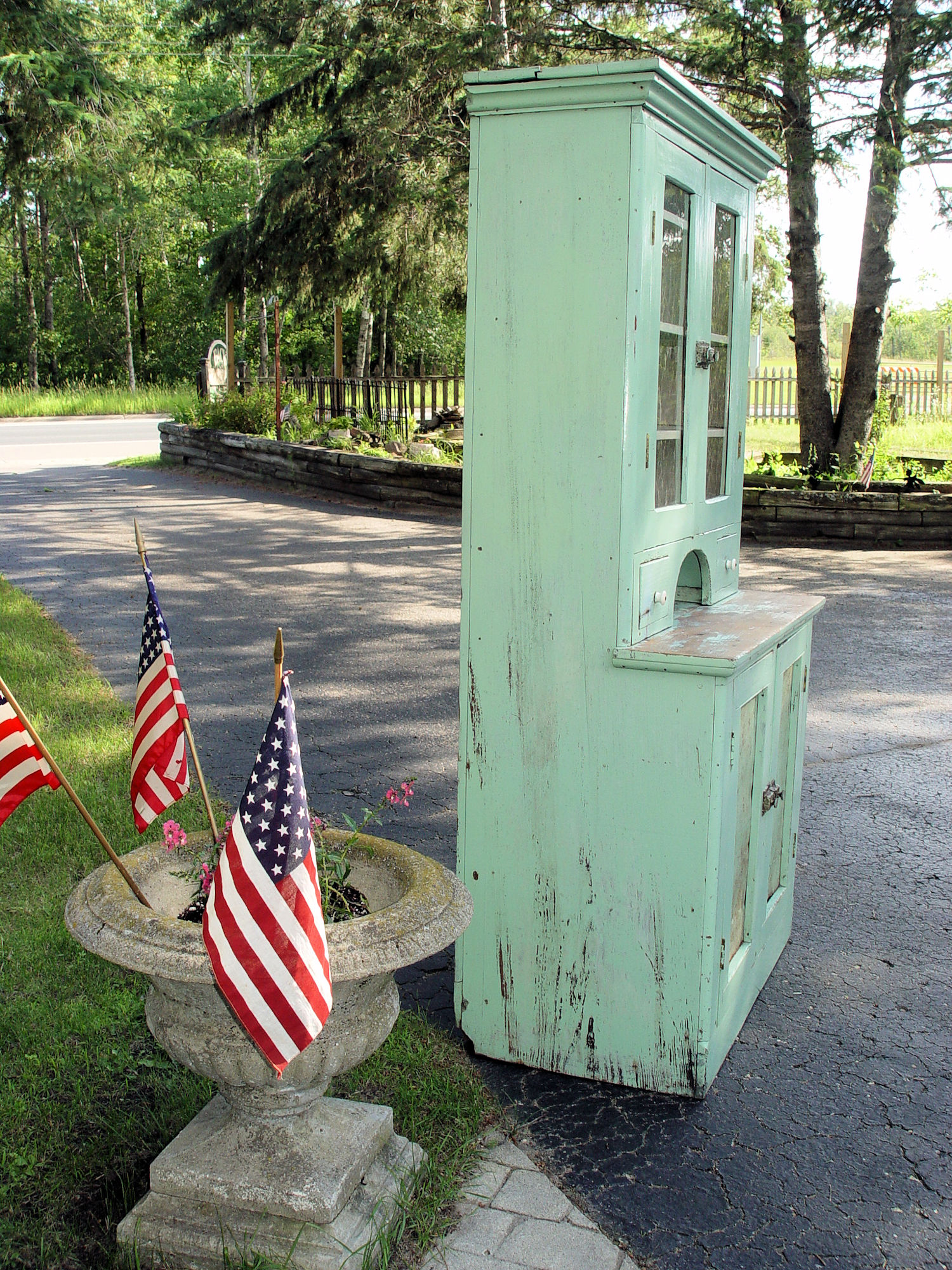 Original Mint Green Painted Pine Antique Kitchen
                Cupboard