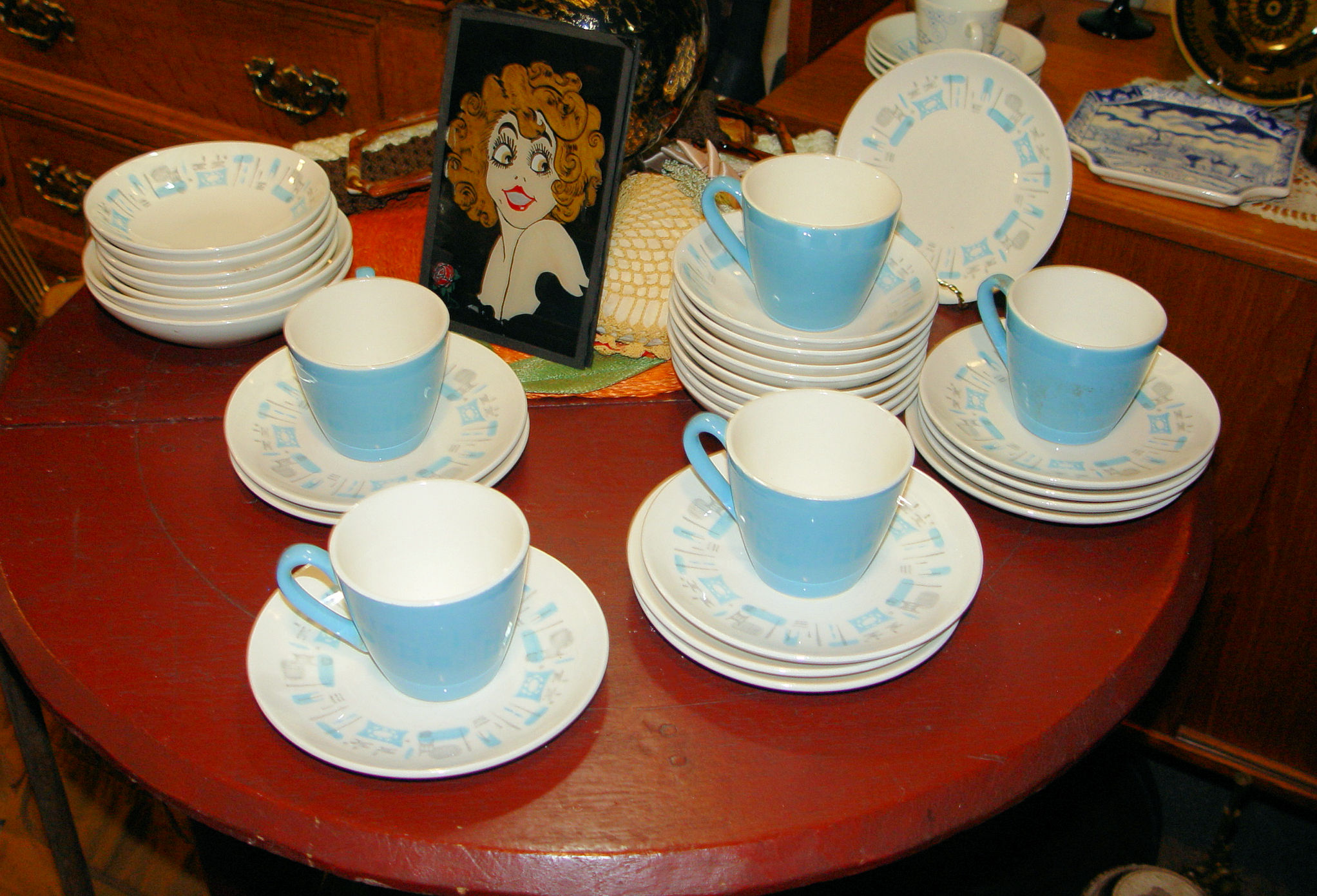 Mid Century Dinnerware Set
                                        - Blue Heaven Pattern - Royal
                                        China - Atomic Dishes - Aqua -
                                        Set of