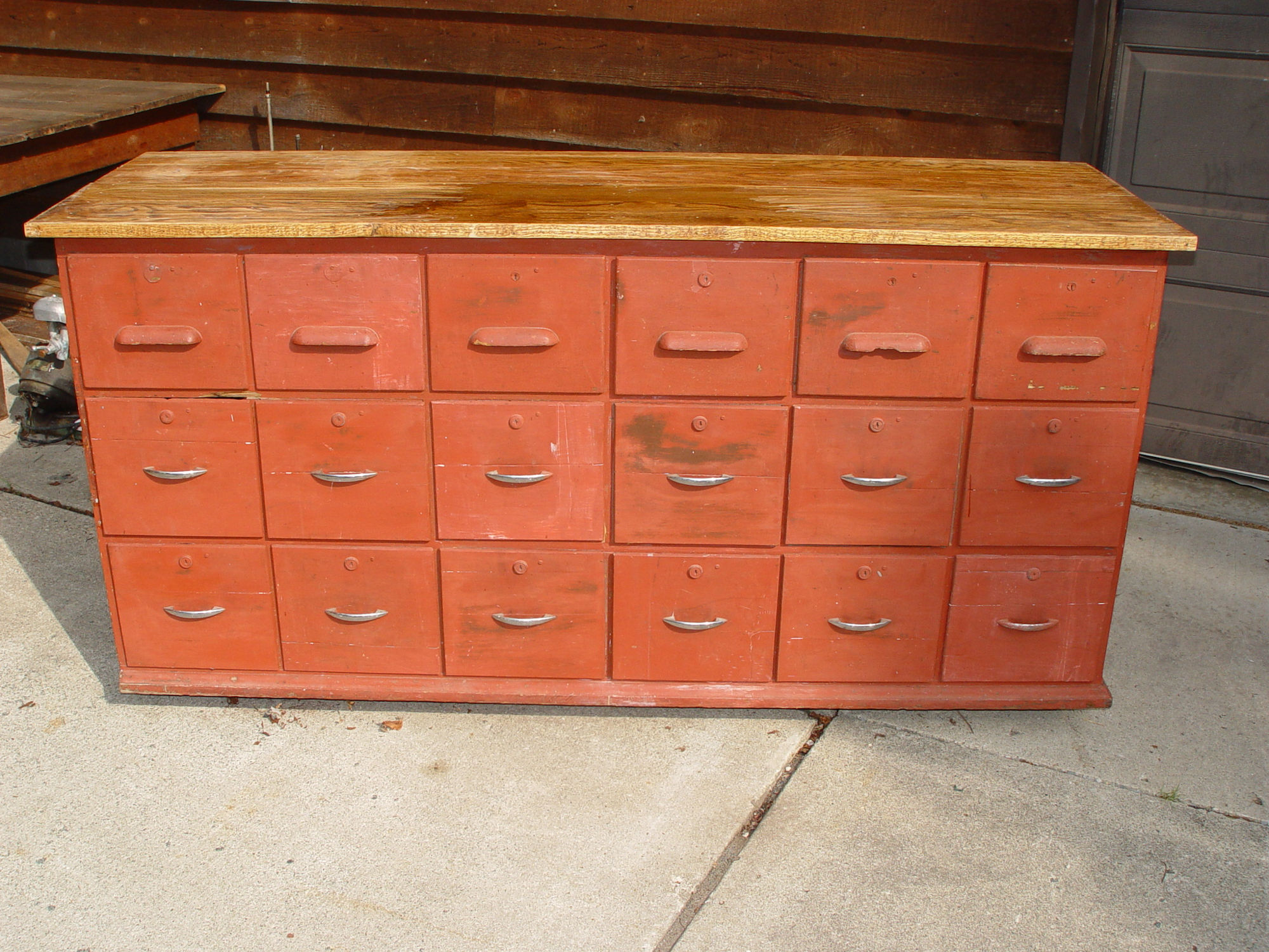 Antique
                        Oak Apothecary or Island Counter Project -
                        Painted Red Over Green