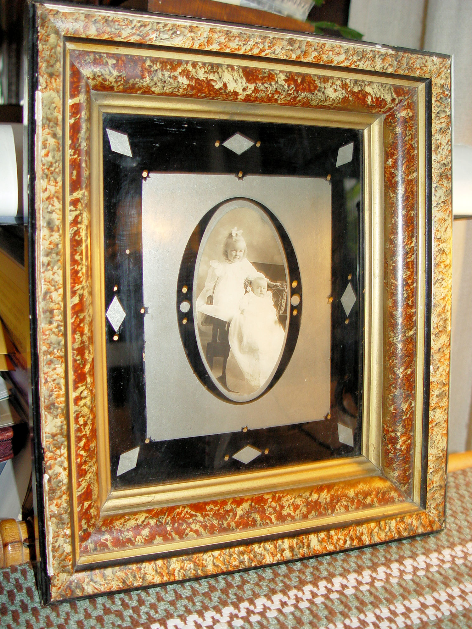 Victorian
                        Sisters Portrait, Ornate Sponged Frame 1900s
                        Folk Art