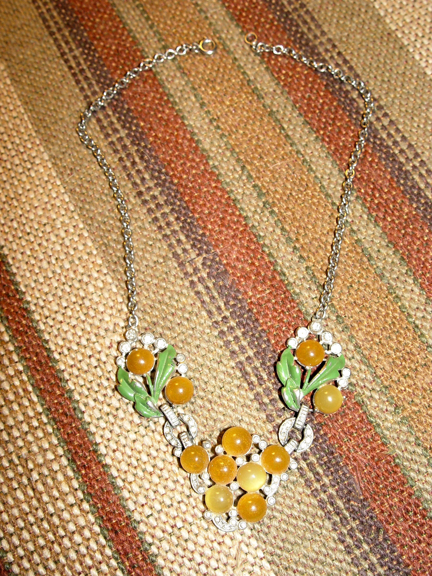 1940s Vintage
                        Rhinestone and Fruit Lucite Enamel Necklace