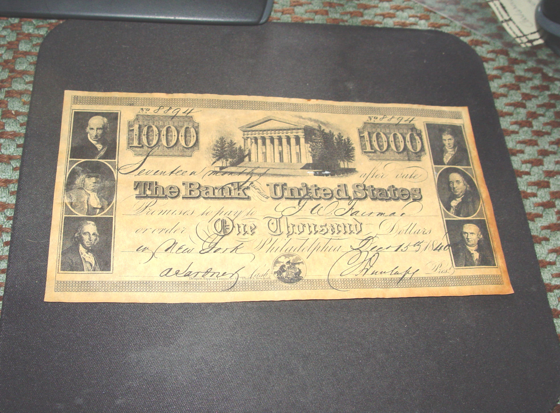 1840 Bank of
                        the United States Note $1000.00 (Repro) - Gag
                        Gift, Frame!