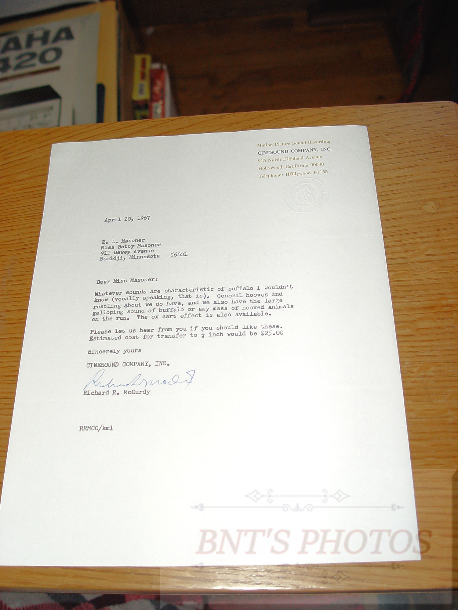 1960s Cinesound Co. Signed Letterhead Richard R.
                McCurdy Production Sound & Design Specialist