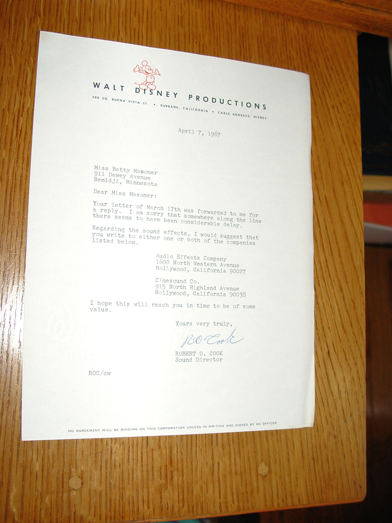 1967 Walt Disney Productions Signed Letterhead
                Robert O. Cook Sound Director- Mickey Mouse Graphic