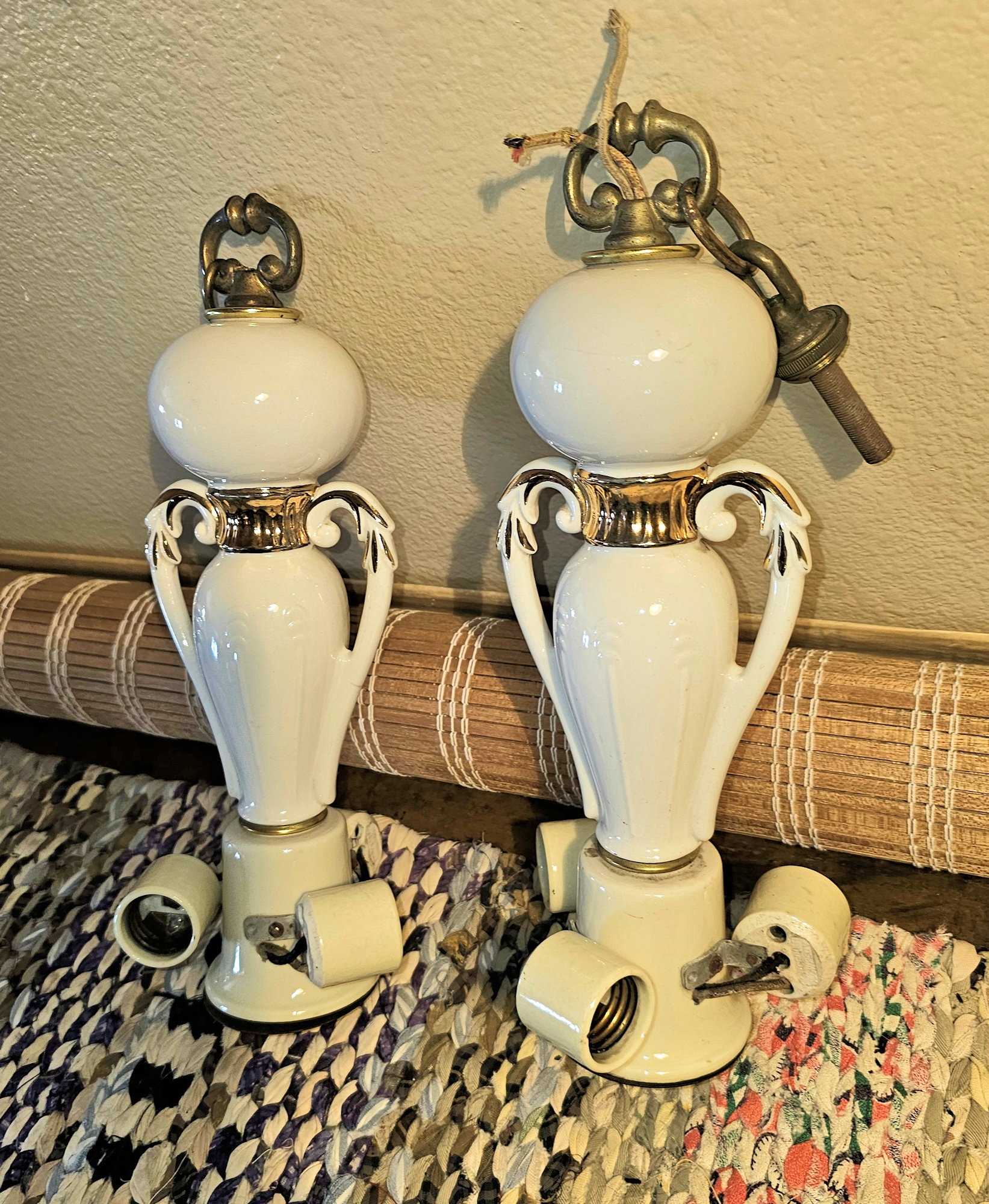 Vintage Pair of
                        White and Gold 1930s Porcelier Ceiling Light
                        Fixtures