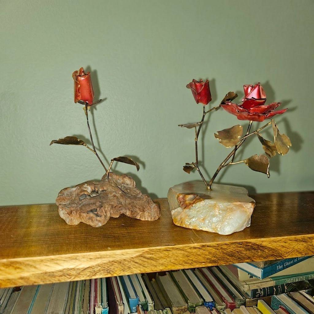 Pair Vintage
                        'The Metal Man' Forged Metal Rose Sculptures