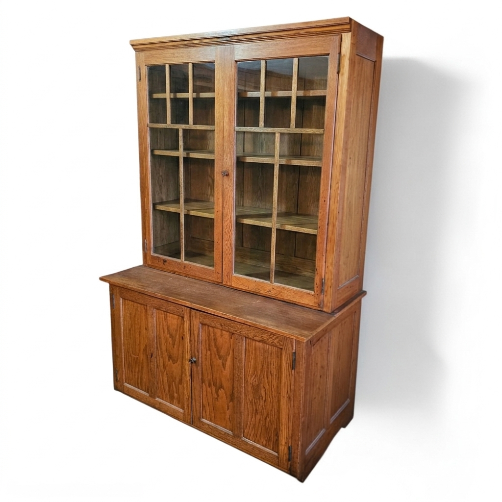 Antique Oak
                        Cupboard with Mullioned Glass Doors