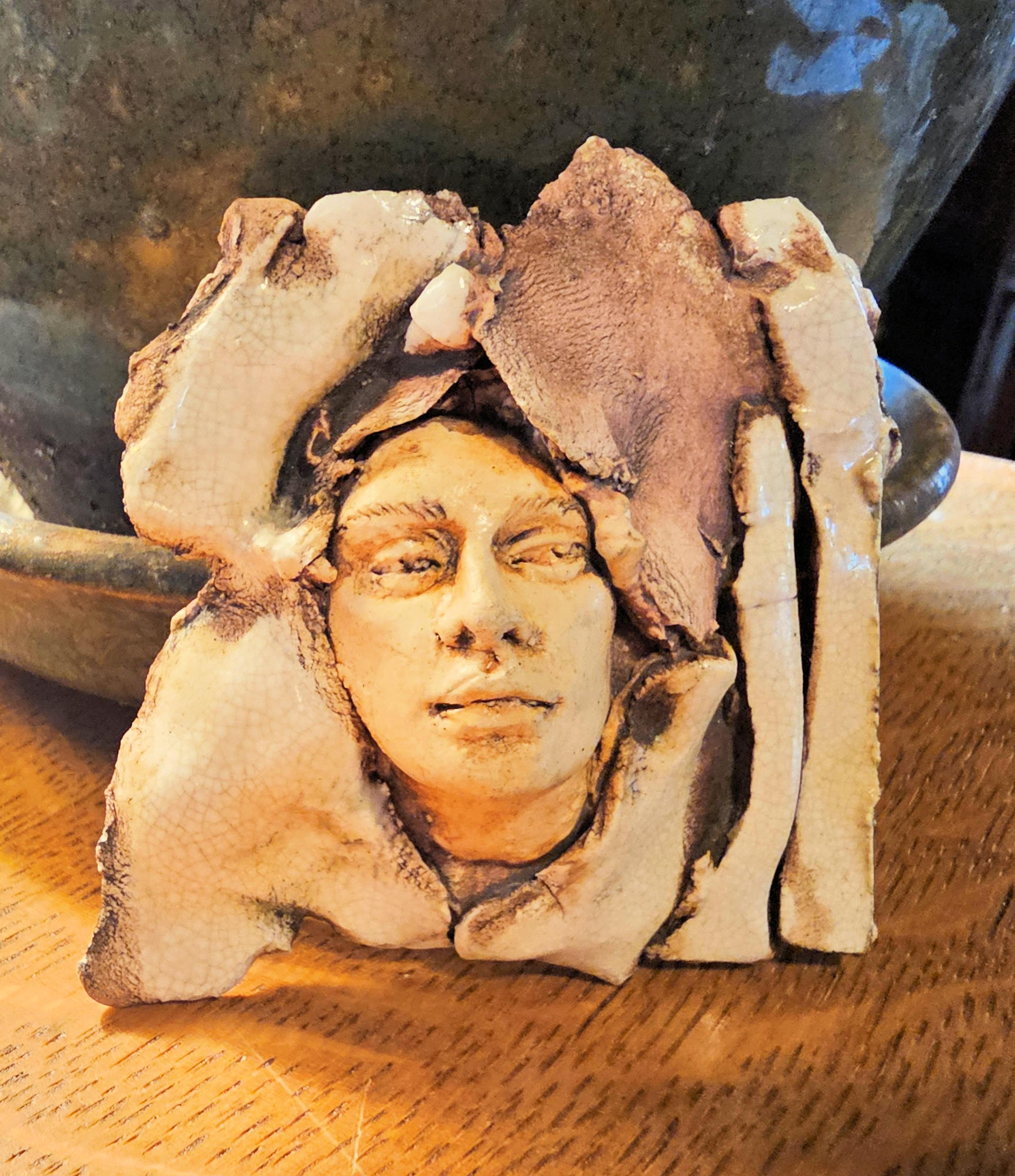 Studio Pottery
                        Face Brooch � Hand‑Built Ceramic Art Pin 1970s