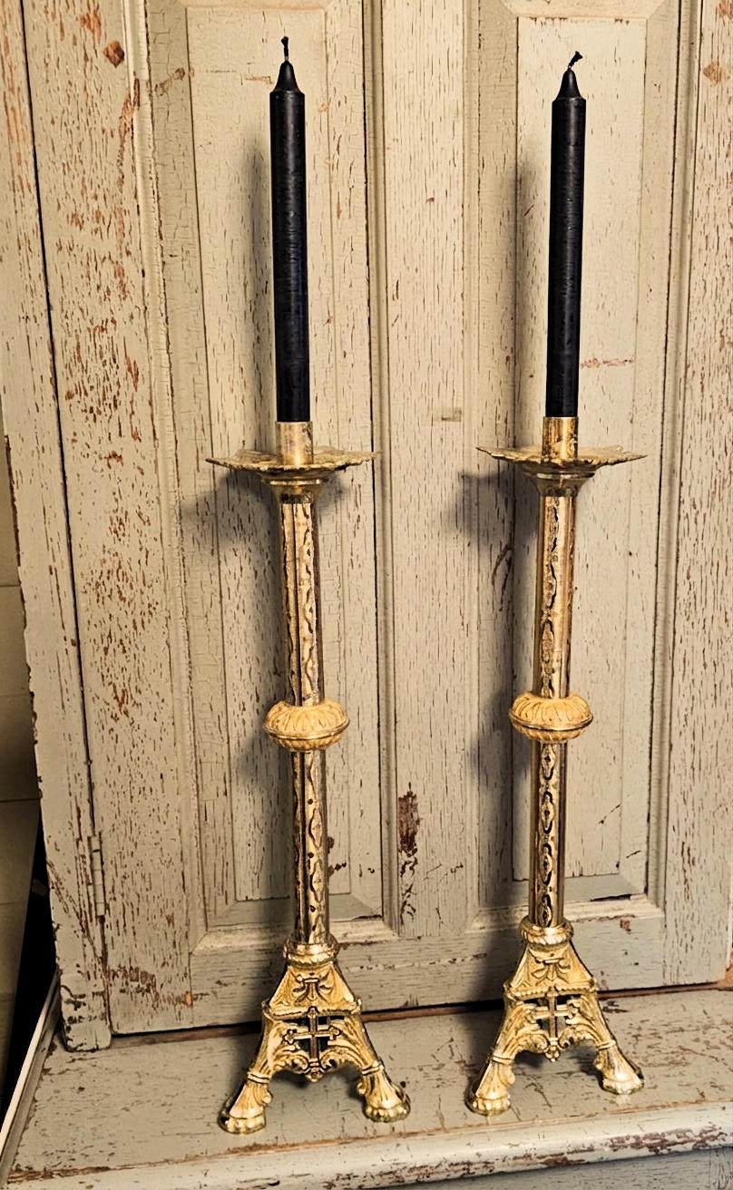 Original Brass
                        Gothic Revival Church Altar Candlesticks
                        19.25" tall