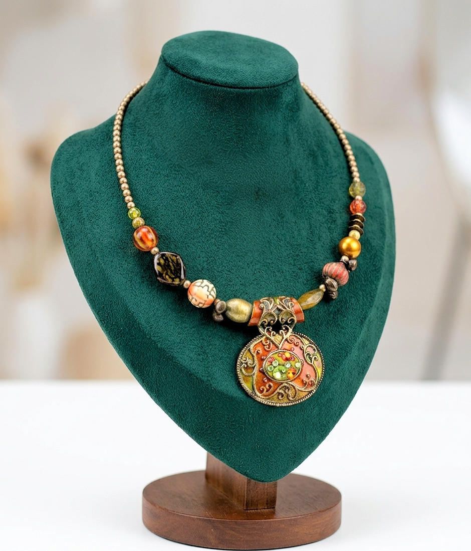 Vintage Signed
                        Treska Memory Wire Choker Necklace, Boho Enamel
                        Medallion Pendant
