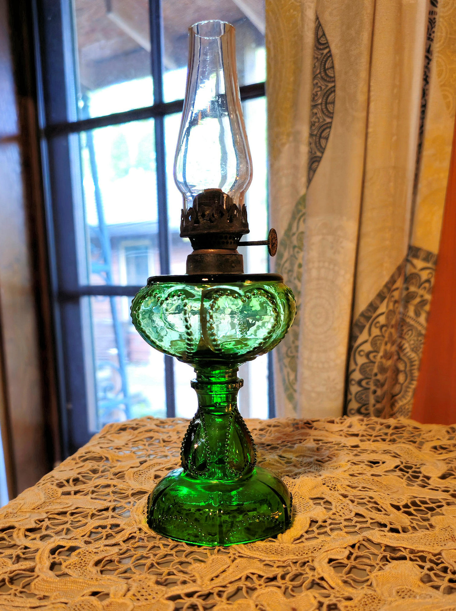 Findlay Glass
                        Miniature Green Lantern Oil Lamp � 9.5"
                        Sweetheart Pattern