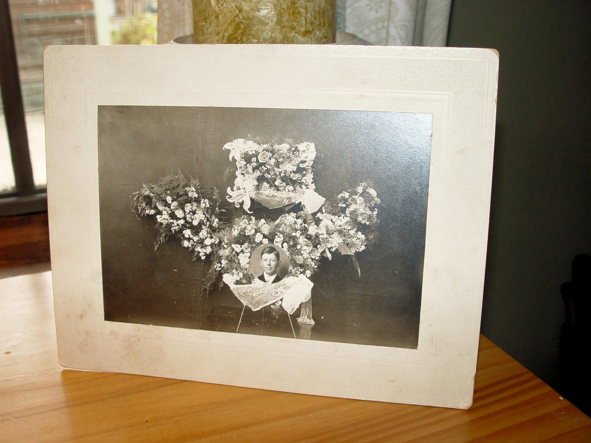 Antique Cabinet
                        Card Memorial Photograph; �Son� and �Brother�
                        Mourning Floral Tribute c.1890s