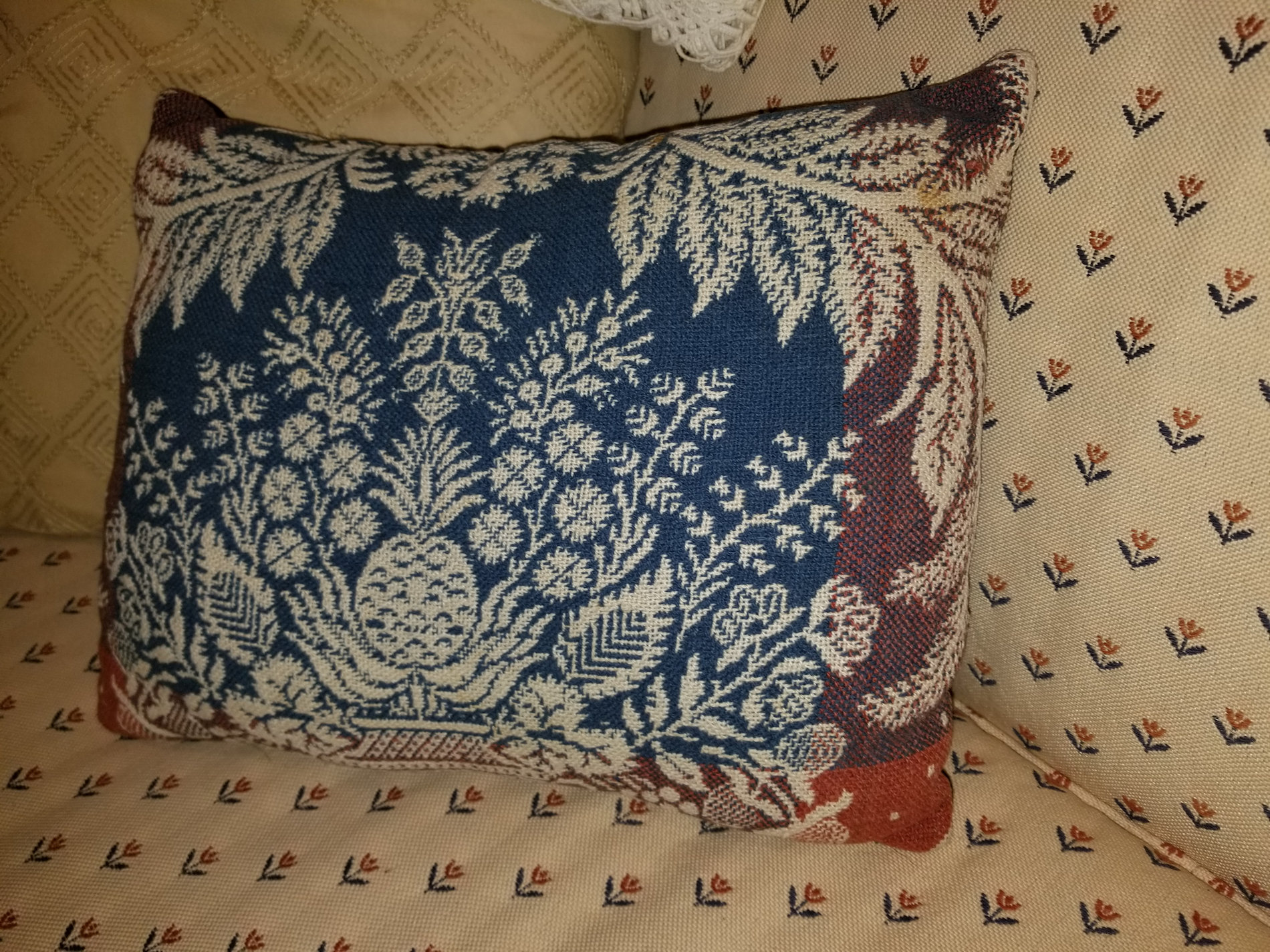 19th Century Overshot Weave
                                        Pillow; Blue and White Pinecone
                                        pattern