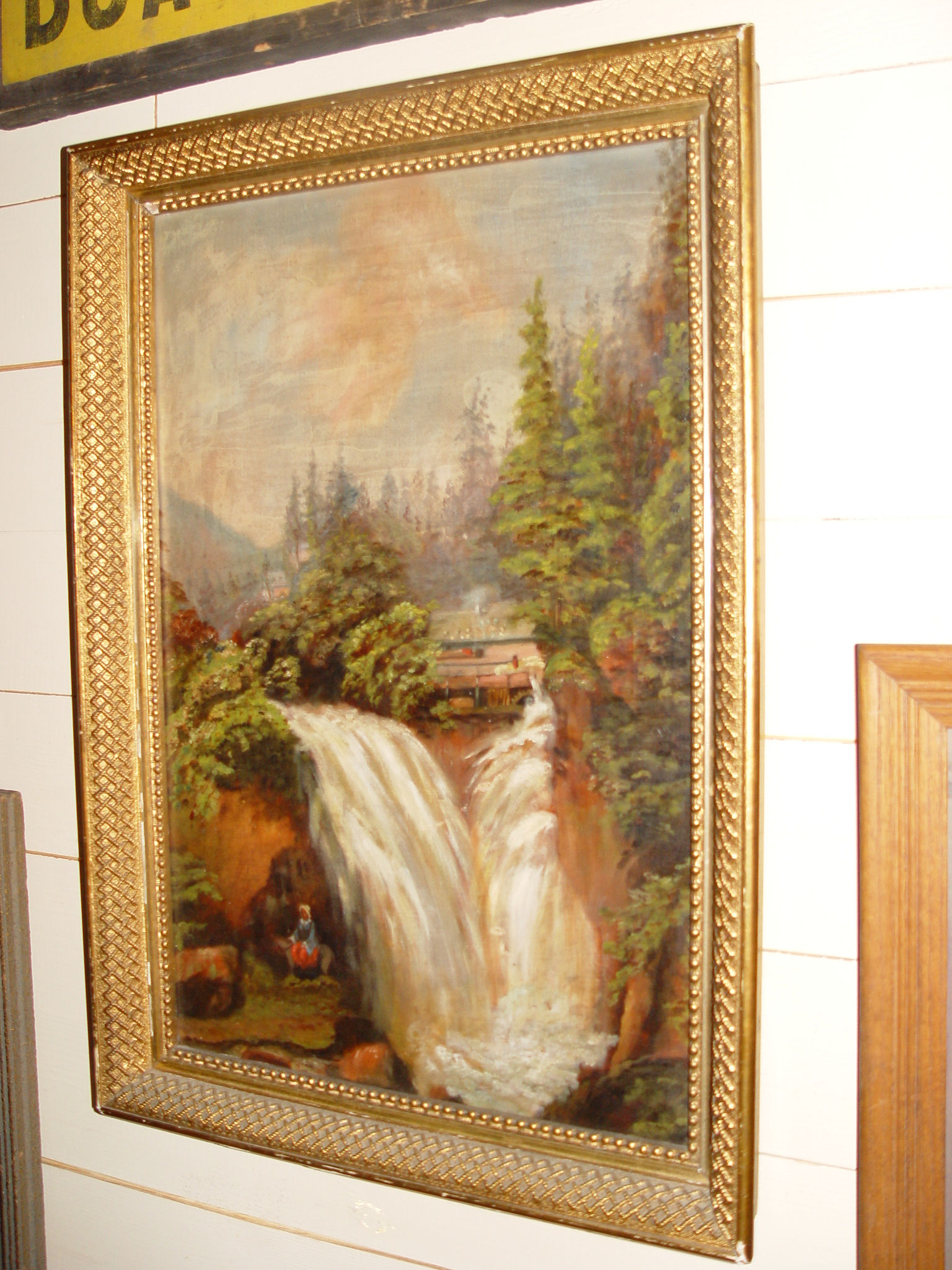 19th c. oil on canvas,
                                        waterfall, Mill and horseback
                                        rider, Mill Creek Falls, Ohio?