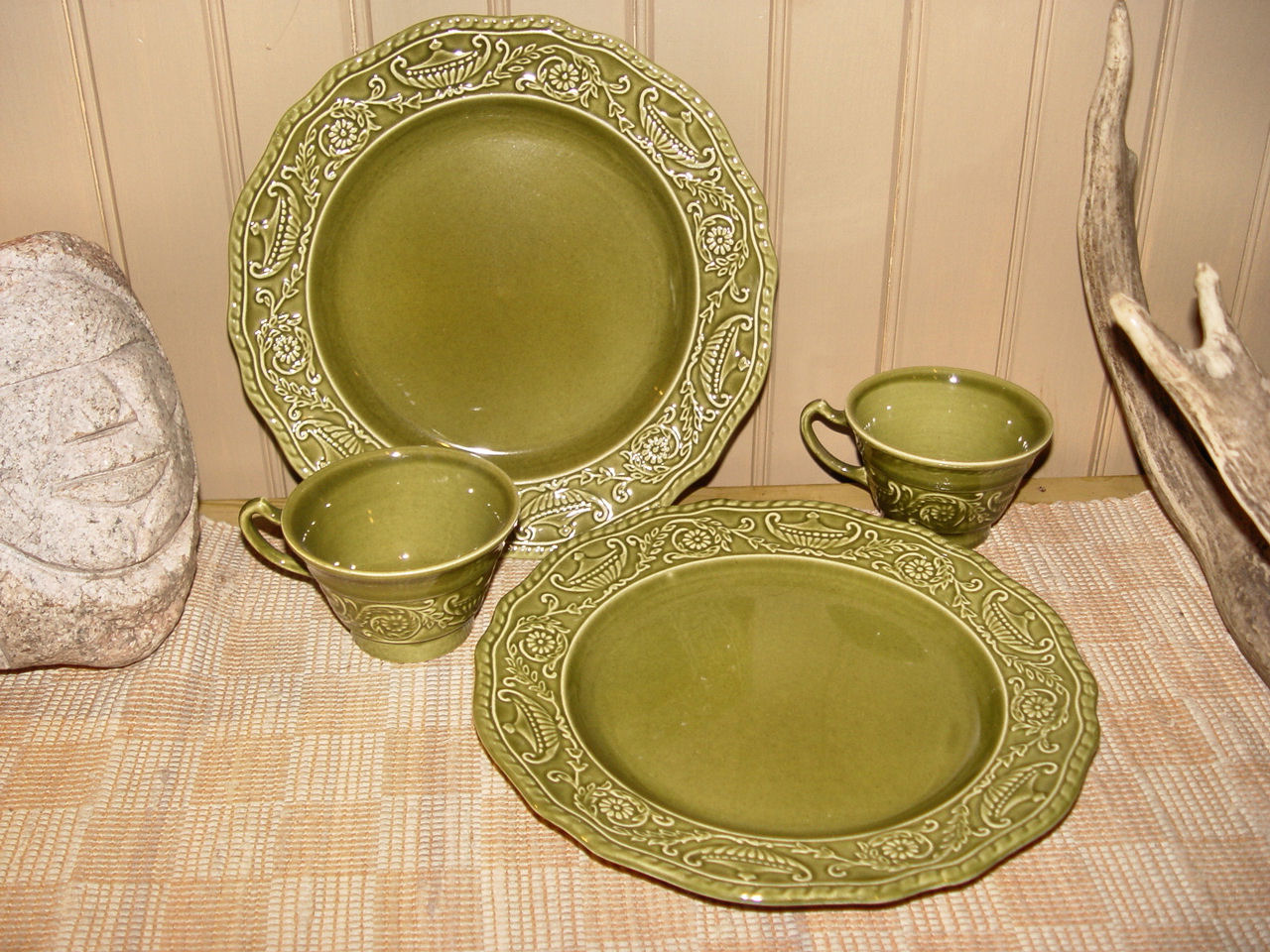 Regency Ironstone
                                        Canonsburg Pottery Green Two
                                        Dinner Plates & Cups