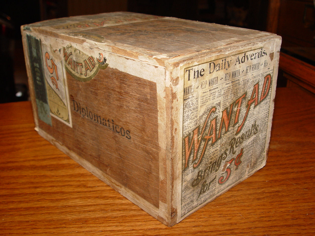 Rare 'Want Ad'
                        Diplomaticos Cigars 19th c. Wooden Graphic Cigar
                        Box