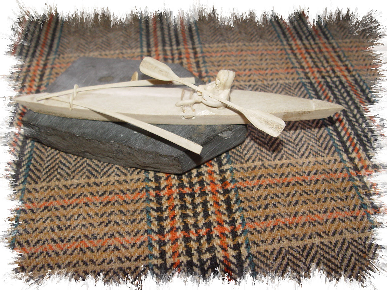 Inuit Cambridge
                                          Bay Carved Native Eskimo In
                                          Canoe Kayak; Spears, Signed