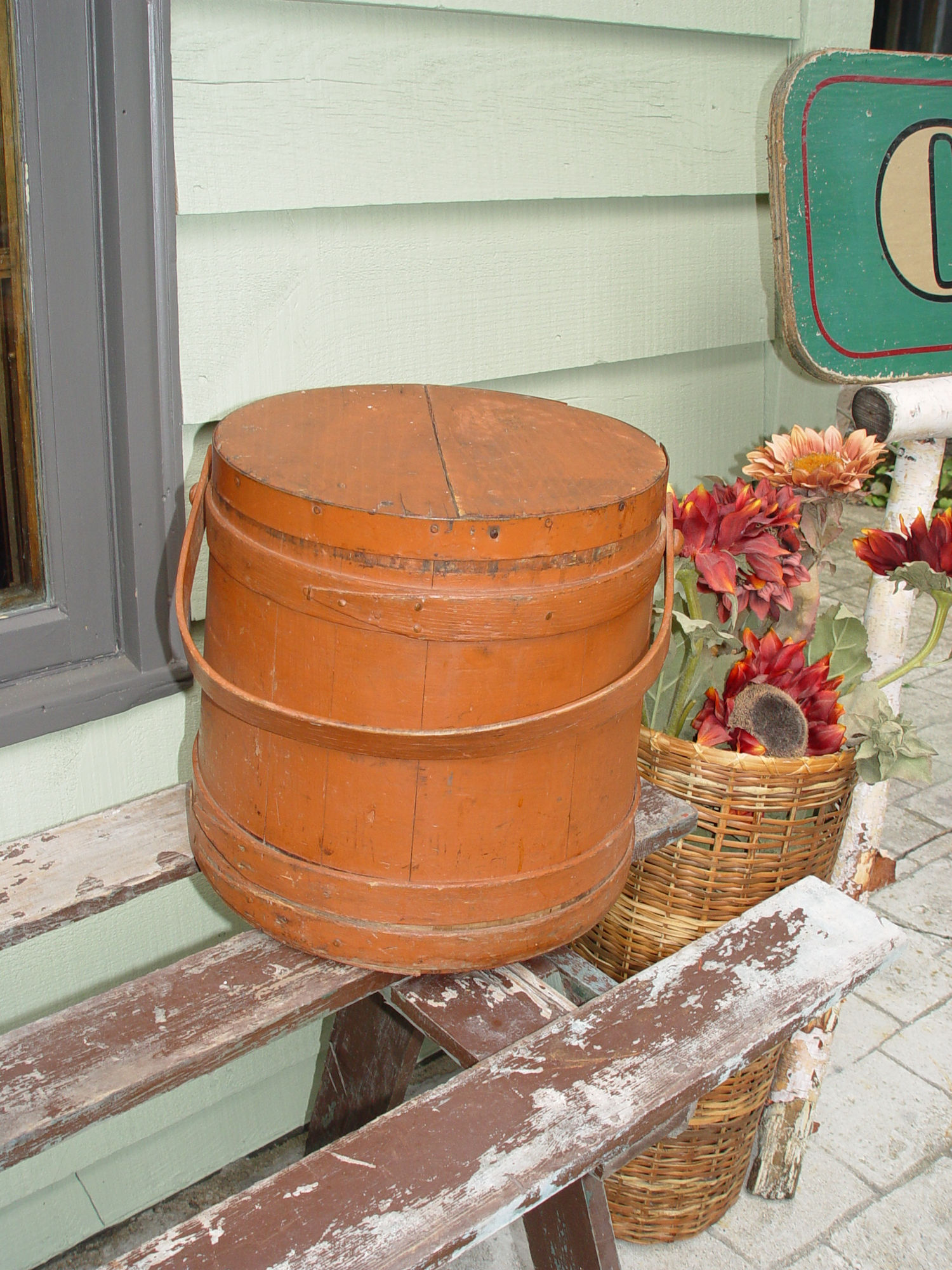 Large Antique Primitive Painted Sugar Bucket
                Firkin