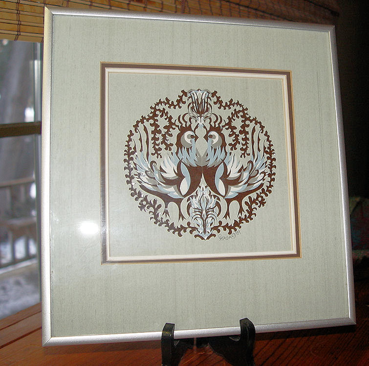 Orig Paper Cutting of
                                        Plumbed Birds ~ Brown & Blue
                                        Framed Print by Gretchen Hazard
                                        ND 1989