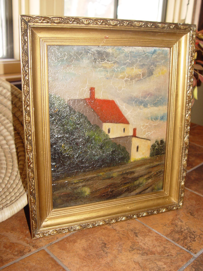 19th c. German oil painting
                                        on board depicting home with a
                                        red roof