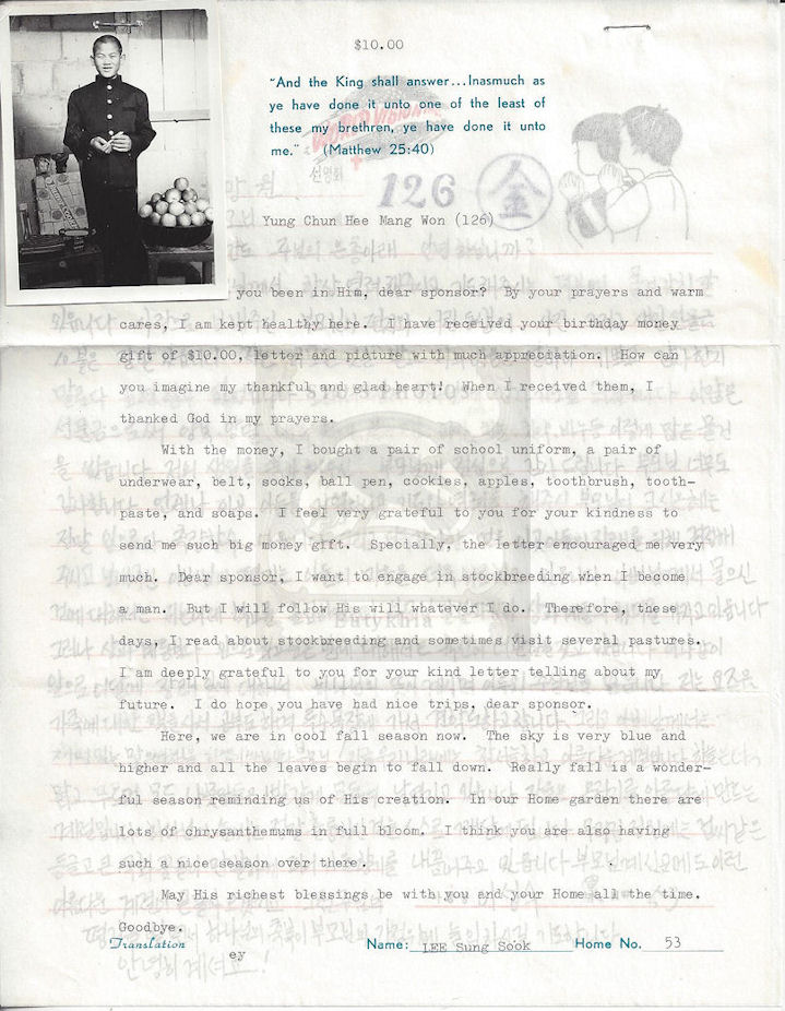 Korean War Sponsored Child letters 1960's - 1970's