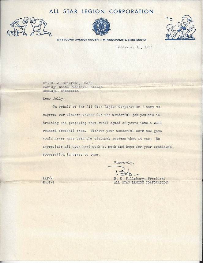 ALL STAR LEGION
                        CORPORATION 1952 Letterhead BSTC Bemidji Coach
                        Jolly Erickson