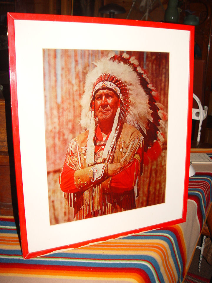 Vintage bright framed
                                        Native American Indian Chief in
                                        headdress photograph print in
                                        color ~ Red decor