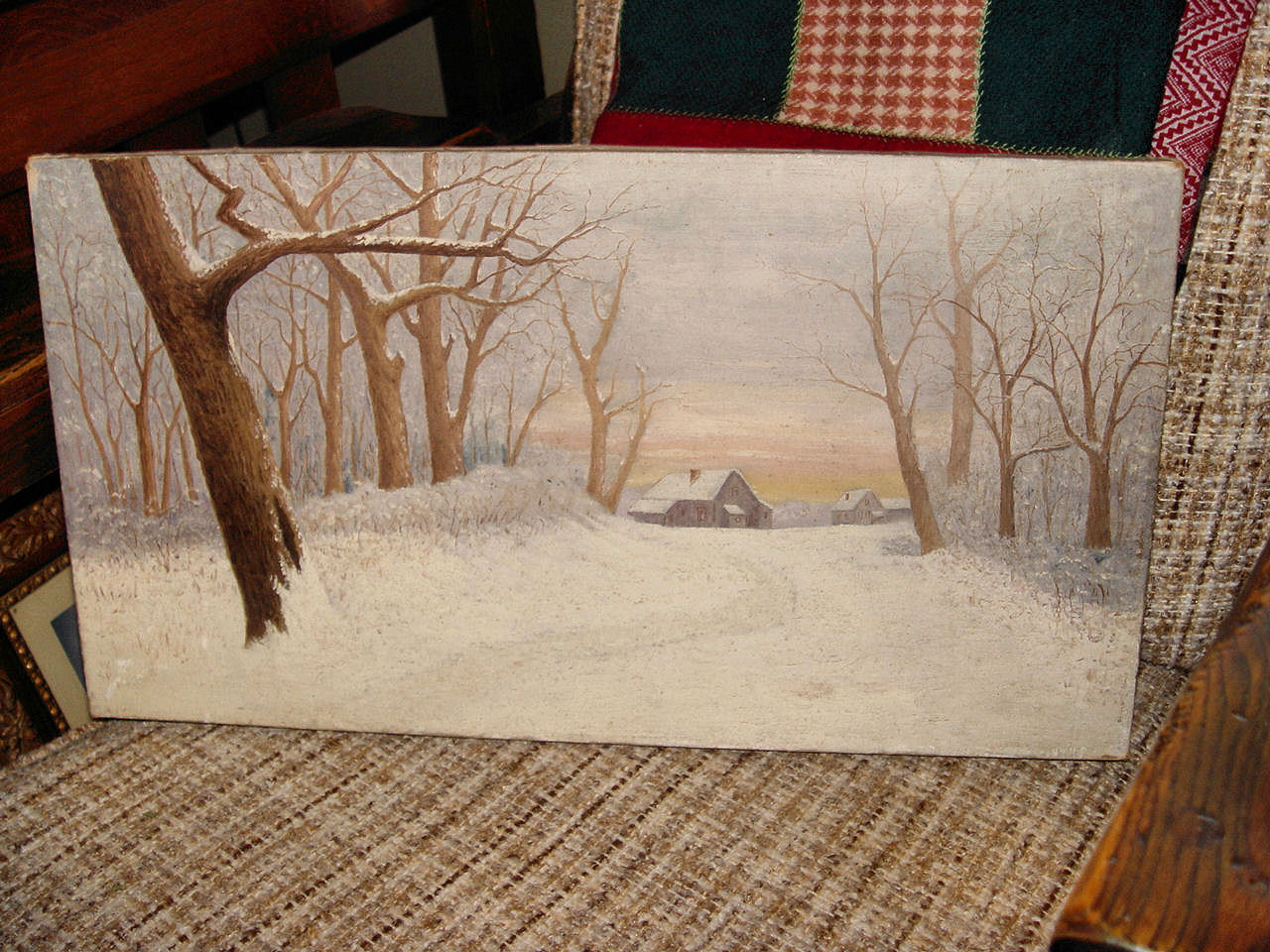 Late 19th c. American log
                                        cabin winter landscape oil on
                                        canvas; signed M H Maple